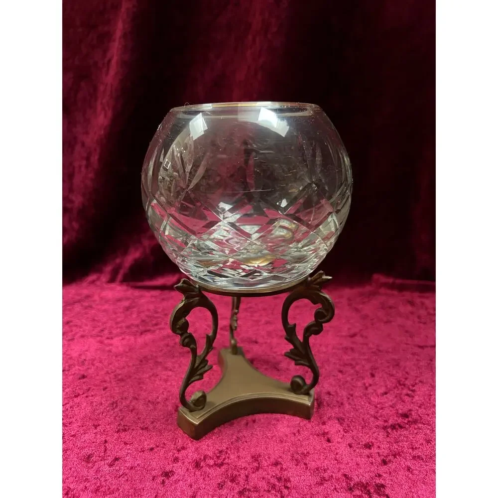 Vintage Cut Crystal Candle Holder - Rose Globe on Ornate Brass Pedestal Stand